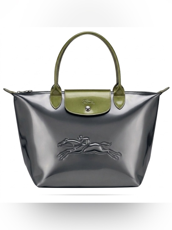 Longchamp Handbags - Longchamp Le Pliage Metallic Silver with green accent Elegant Tote Bag